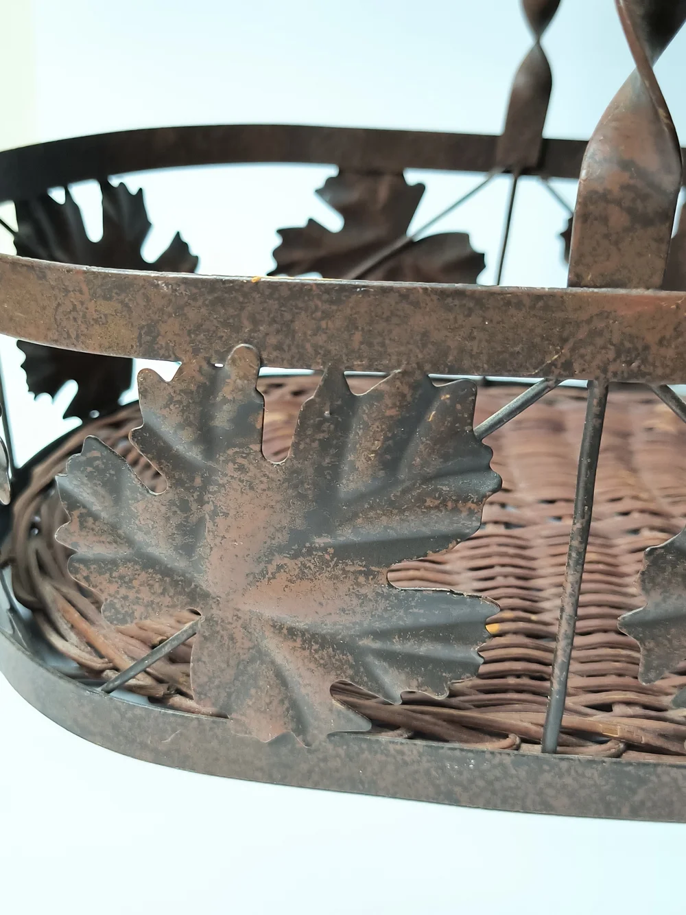 Rustic Brown Leaf Metal Basket with Handle - Farmhouse Centerpiece